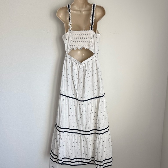 NWT $99 White and Navy Women's Flowy Maxi Dress Ruffles Boho Cut Out Size Large - Picture 3 of 7